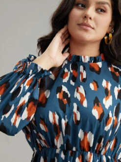 Allover Print Stand Collar Pocket Ruffles Dress -Bloomchic Shop 937906713 lp