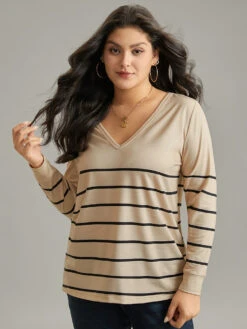Striped Print V Neck T-Shirt -Bloomchic Shop 937933654 qy