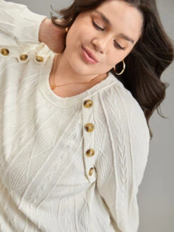 Plain Texture Button Detail Knit Sweatshirt 11 Plain Texture Button Detail Knit Sweatshirt -Bloomchic Shop 938334344 ks