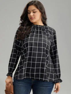 Plaid Stand Collar Ruffles Lantern Sleeve Blouse -Bloomchic Shop 939193326 ys