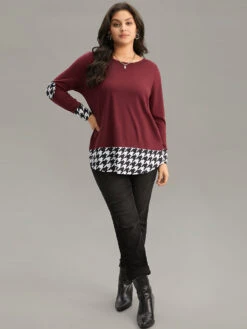 Houndstooth Patchwork Contrast Arc Hem T-shirt -Bloomchic Shop 939597534 tl