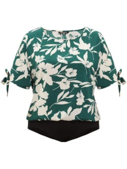 Silhouette Floral Print Knotted Cut Out Round Neck Bodysuit -Bloomchic Shop 940459739 hj