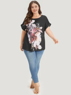 Floral Print Crew Neck Roll Dolman Sleeve Blouse -Bloomchic Shop 943039165 jl
