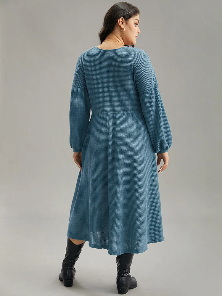 Solid Waffle Knit Pocket Lantern Sleeve Dress 5 Solid Waffle Knit Pocket Lantern Sleeve Dress - Image 3