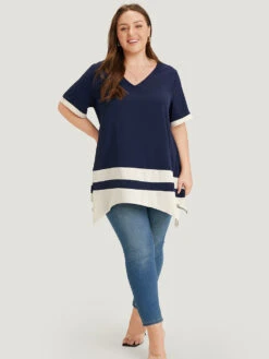 Anti-Wrinkle Two Tone Hanky Hem Blouse -Bloomchic Shop 945449438 vx