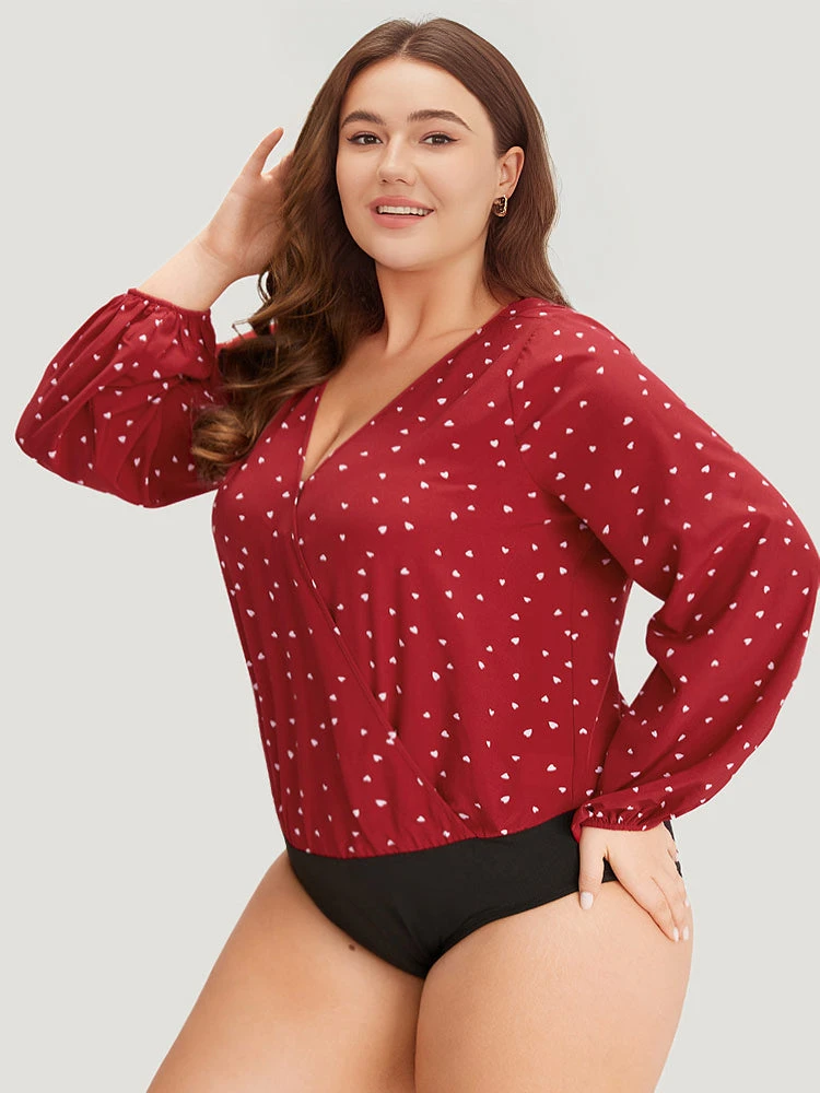 Heart Print Surplice Neck Lantern Sleeve Bodysuit 5 Heart Print Surplice Neck Lantern Sleeve Bodysuit - Image 3
