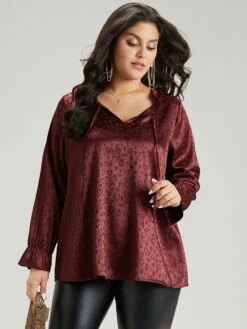 Solid Knot Neck Frill Trim Flutter Sleeve Blouse