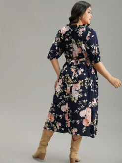 Floral Print Pleated Ties Wrap Lantern Sleeve Dress -Bloomchic Shop 947345876 bt