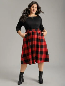 Plaid Pocket Boat Neck Patchwork Dress 13 Plaid Pocket Boat Neck Patchwork Dress -Bloomchic Shop 947859094 uu