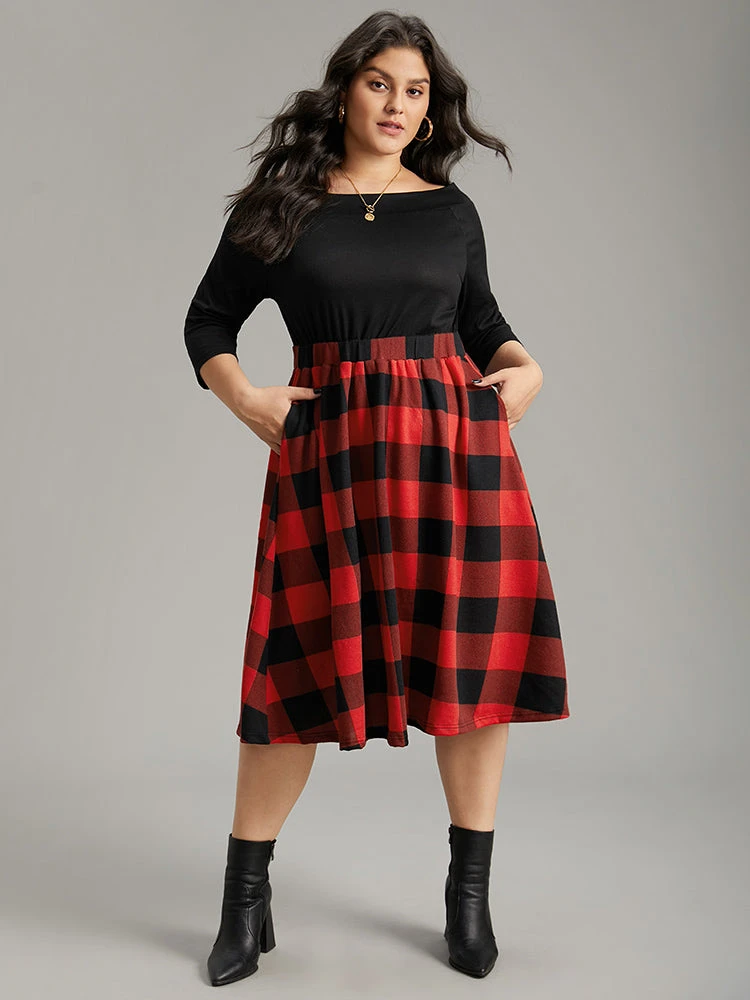 Plaid Pocket Boat Neck Patchwork Dress 7 Plaid Pocket Boat Neck Patchwork Dress - Image 5