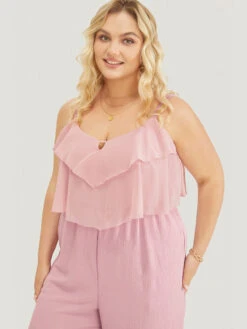Solid Ruffle Trim Pocket Split Hem Keyhole Cami Jumpsuit -Bloomchic Shop 948110810 lk