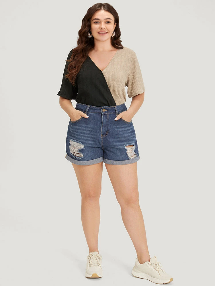 Plain Textured Colorblock Contrast Patchwork Bodysuit 5 Plain Textured Colorblock Contrast Patchwork Bodysuit - Image 3