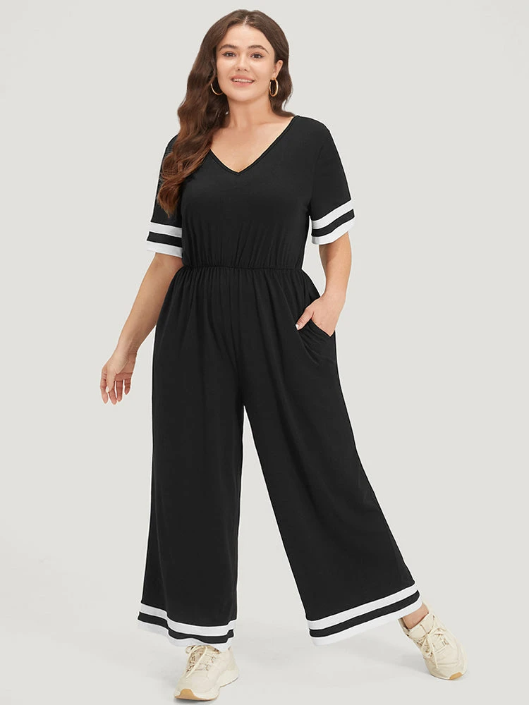 Striped Contrast V Neck Pocket Elastic Waist Jumpsuit 4 Striped Contrast V Neck Pocket Elastic Waist Jumpsuit - Image 2