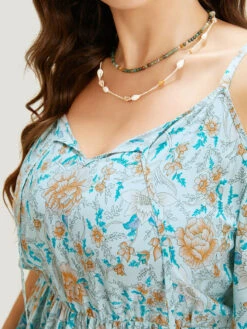 Floral Print Tie Neck Keyhole Ruffles Cold Shoulder Blouse -Bloomchic Shop 949585695 oc