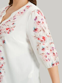 Floral Print Button Detail Notched Lantern Sleeve Blouse -Bloomchic Shop 950382237 kf