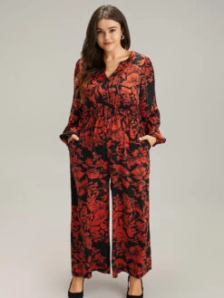 Silhouette Floral Print Notched Shirred Jumpsuit -Bloomchic Shop 952275684 ji