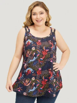 Cat & Plant Print Sleeveless Cut Out Cami Top -Bloomchic Shop 953025384 br