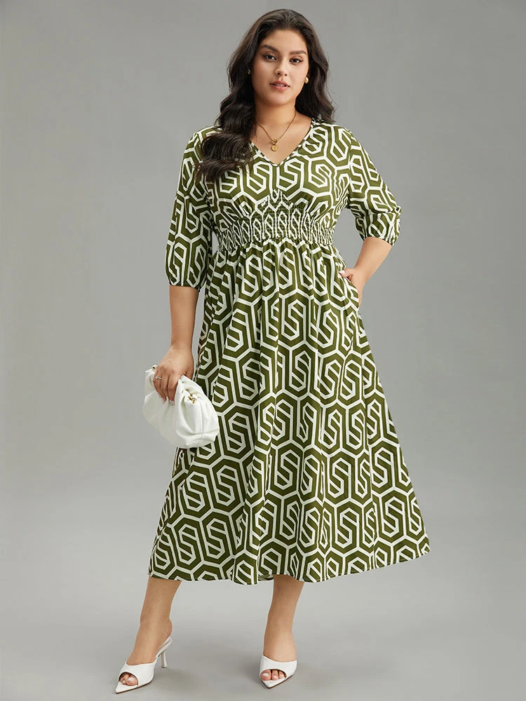 Geometric Print V Neck Shirred Dress 4 Geometric Print V Neck Shirred Dress - Image 2