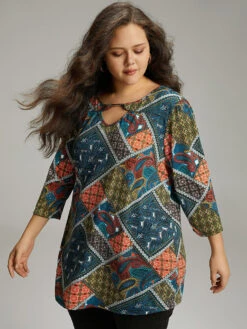 Paisley Colorblock Contrast Keyhole T-shirt 13 Paisley Colorblock Contrast Keyhole T-shirt -Bloomchic Shop 955288294 aq