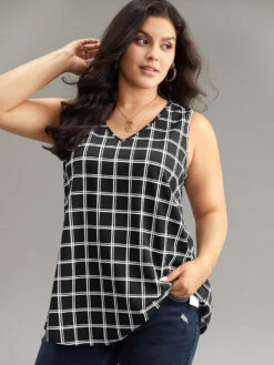 Gingham Print V Neck Tank Top