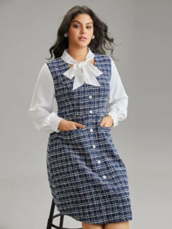 Plaid Patchwork Pocket Button Detail Ties Dress -Bloomchic Shop 956224346 rv