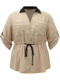 Contrast Drawstring Roll Tab Sleeve Patched Pocket Blouse -Bloomchic Shop 956406452 hg 83948d6b b190 451c 8182 f0909e4a2ec2
