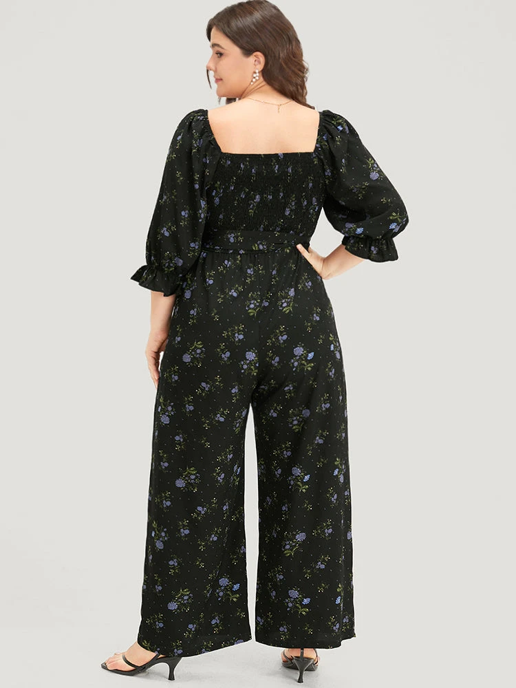 Floral Print Shirred Belted Square Neck Frill Trim Jumpsuit 5 Floral Print Shirred Belted Square Neck Frill Trim Jumpsuit - Image 3