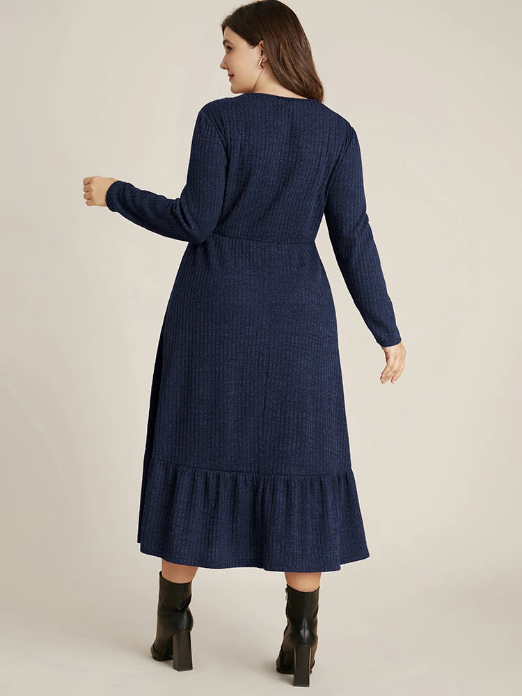 Solid Pocket Rib Knit Ruffle Hem Dress Without Belt 18 Solid Pocket Rib Knit Ruffle Hem Dress Without Belt - Image 16