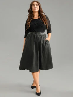 Solid PU Patchwork Pocket Elastic Waist Skirt -Bloomchic Shop 958601516 io