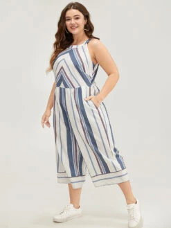 Striped Geometric Pocket Contrast Halter Neck Jumpsuit -Bloomchic Shop 958938291 ac