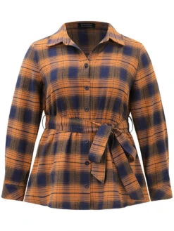 Plaid Elastic Waist Shirt Collar Blouse -Bloomchic Shop 96019475 cx