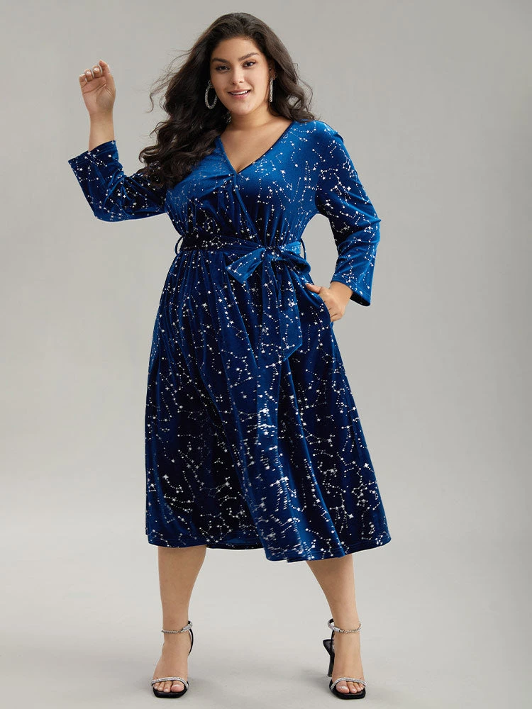 Star Glitter Velvet Wrap Pocket Belted Dress 4 Star Glitter Velvet Wrap Pocket Belted Dress - Image 2