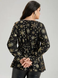 Glitter Snowflake Elastic Waist Ruched Wrap Blouse -Bloomchic Shop 961665946 bv