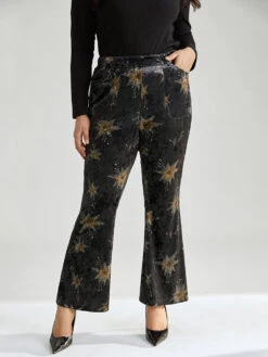 Star Elastic Waist Velvet High Rise Bootcut Pants