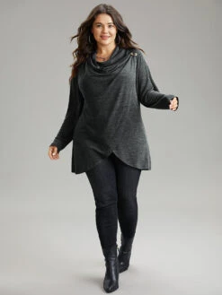 Plain Heather Cowl Neck Button Detail Sweatshirt -Bloomchic Shop 961893864 lx