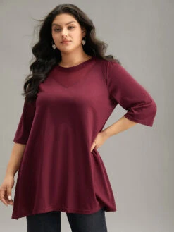 Solid Tunic Crochet Mesh Crew Neck T-shirt