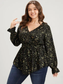 Star Print Lantern Sleeve Asymmetrical Ruffles Hem Wrap Blouse -Bloomchic Shop 962444735 qg