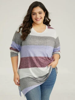 Striped Split Hem Asymmetrical T-shirt -Bloomchic Shop 962648813 qz