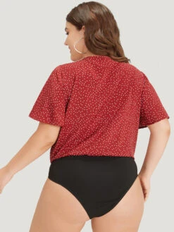 Polka Dot Elastic Waist Plicated Detail Ruffle Sleeve Bodysuit -Bloomchic Shop 962676841 sp