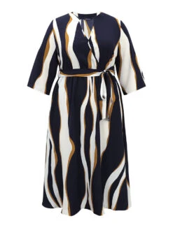 Water Ripple Belted Overlap Collar Pocket Dress -Bloomchic Shop 96282215 nl