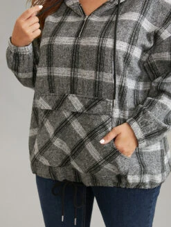 Plaid Half Zip Pocket Hooded Sweatshirt -Bloomchic Shop 962992155 jz