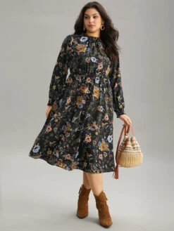 Floral Print Shirred Gathered Stand Collar Dress -Bloomchic Shop 963192688 jg