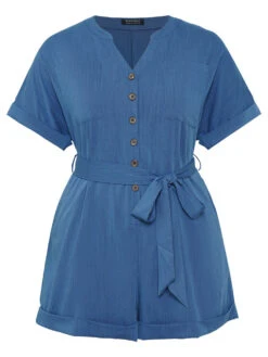 Anti-Wrinkle Solid Patched Pocket Notched Button Up Belt Romper -Bloomchic Shop 963499209 jw