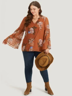 Floral Print Knot Neck Frill Trim Mesh Bell Sleeve Blouse -Bloomchic Shop 964049897 eo