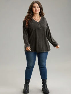 Vintage Roll Tab Sleeve Button Up T-shirt -Bloomchic Shop 964230686 qq