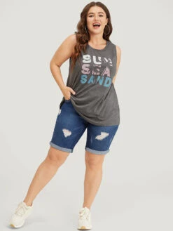 Letter & Coconut Tree Print Crew Neck Graphic Tank Top -Bloomchic Shop 965382426 ff