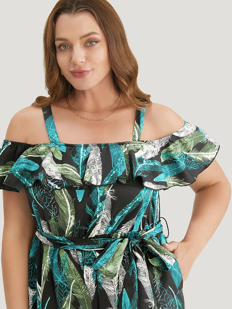 Tropical Cold Shoulder Pocket Belted Ruffle Trim Jumpsuit 7 Tropical Cold Shoulder Pocket Belted Ruffle Trim Jumpsuit - Image 5
