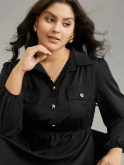 Static-Free Plain Button Detail Lantern Sleeve Dress -Bloomchic Shop 966920375 uw