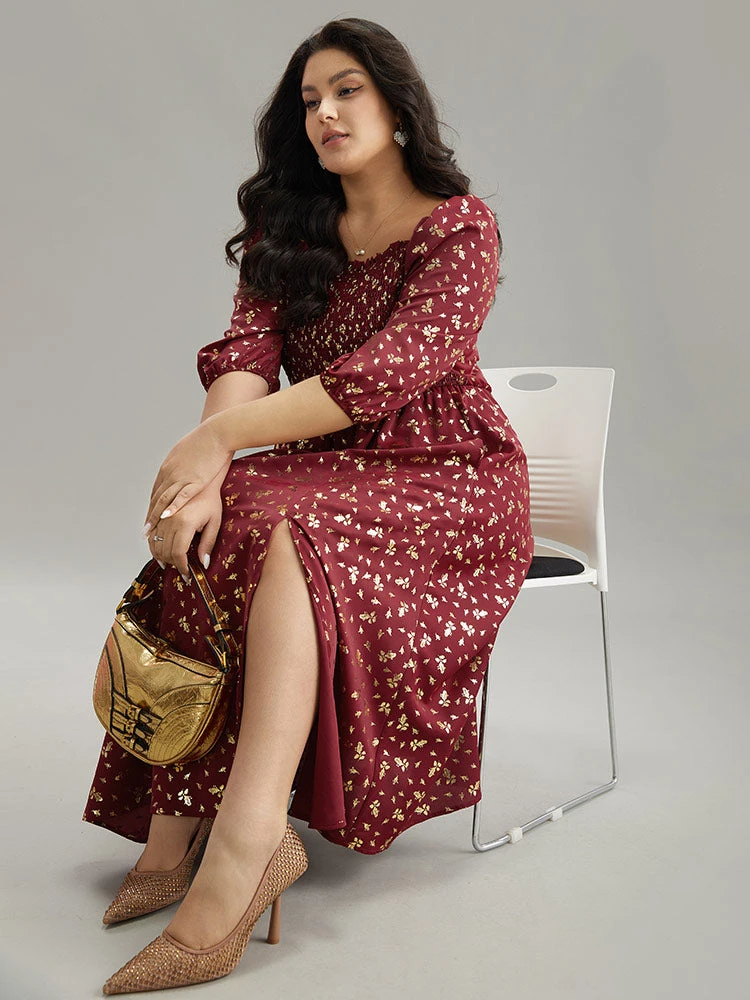 Glitter Square Neck Shirred Split Front Frill Trim Dress 6 Glitter Square Neck Shirred Split Front Frill Trim Dress - Image 4