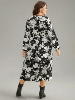 Floral Belted V Neck Lantern Sleeve Dress -Bloomchic Shop 968860689 qs